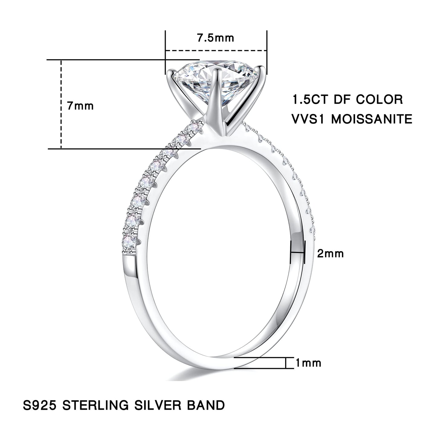 KERXI 1.5CT Moissanit Ringe für Frauen, D Farbe