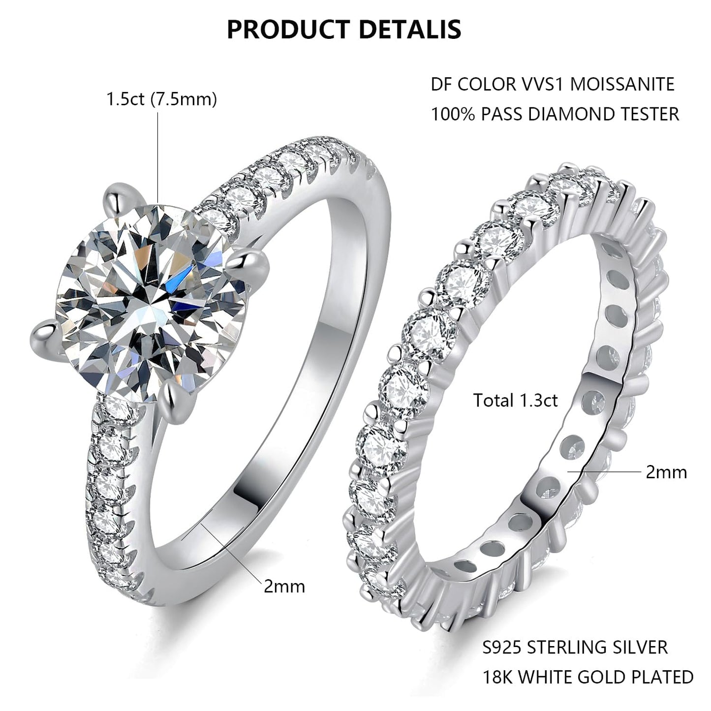 KERXI  Total 2.8ct 1.5CT Center Moissanite Stackable Engagement Rings