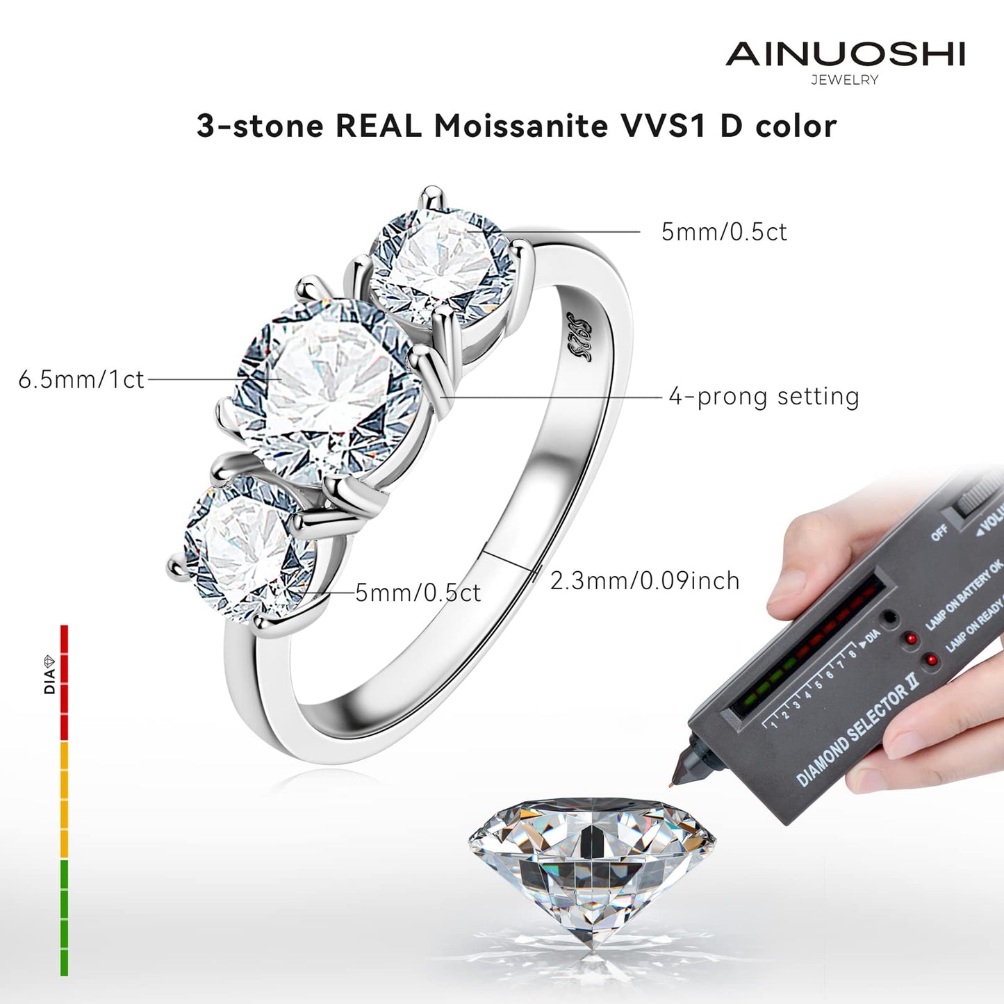 KERXI 2-4CT Moissanite Engagement Ring, 3-stone